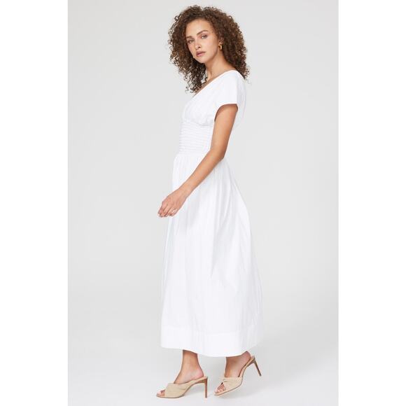 Staud Jackson White Smocked V-Neck Short Sleeve A-Line Midi Dress Size Large - Picture 2 of 16